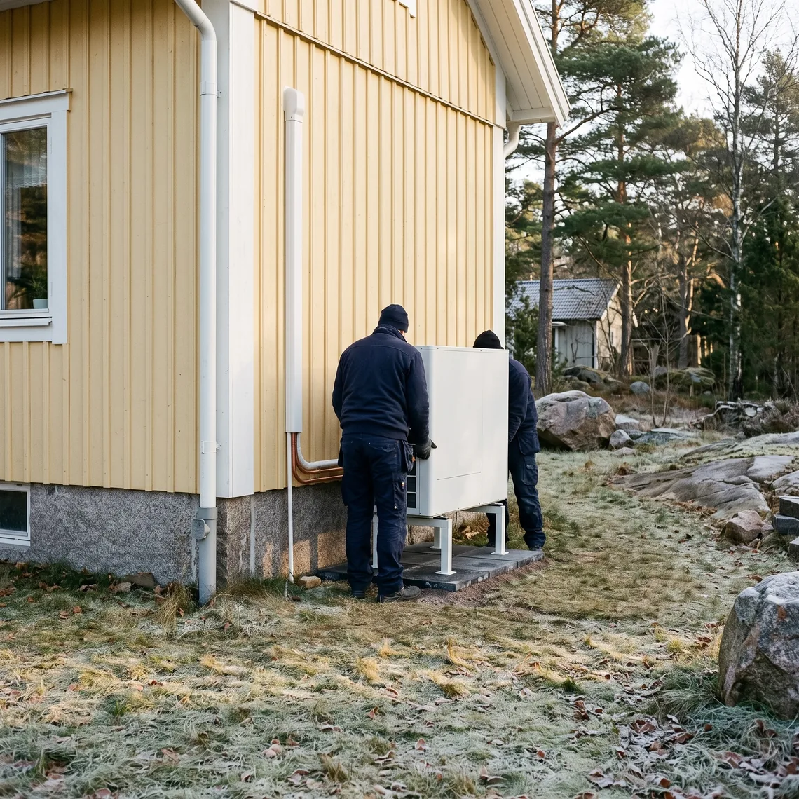 Två installatörer placerar en värmepumps utedel vid en gul villa