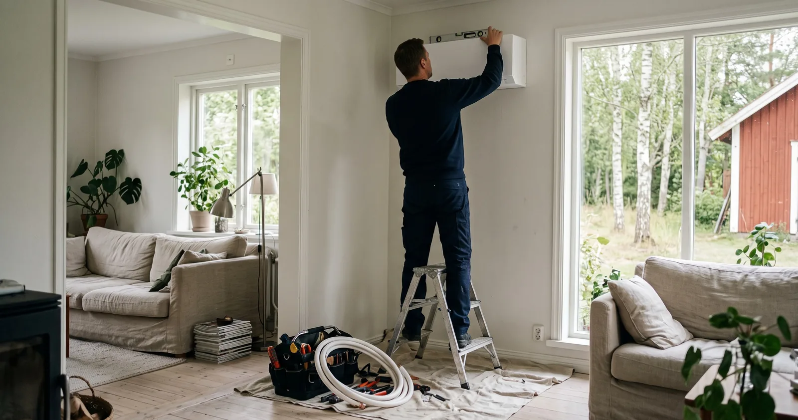 Installatör monterar en värmepumps innedel i ett vardagsrum