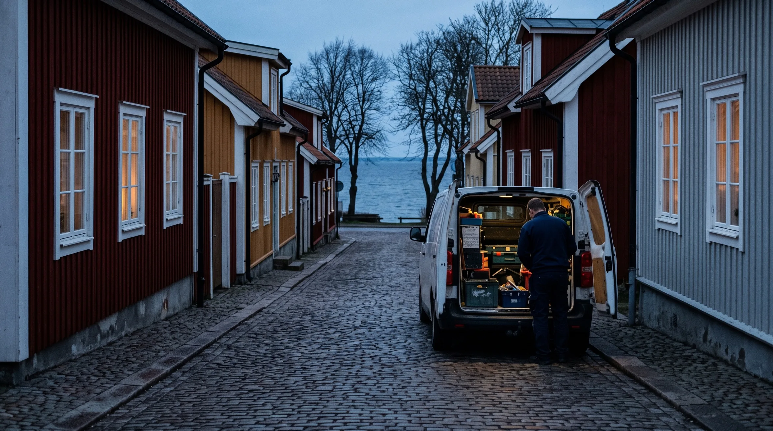 Servicebil på en gata med låga trähus i en kuststad i Blekinge