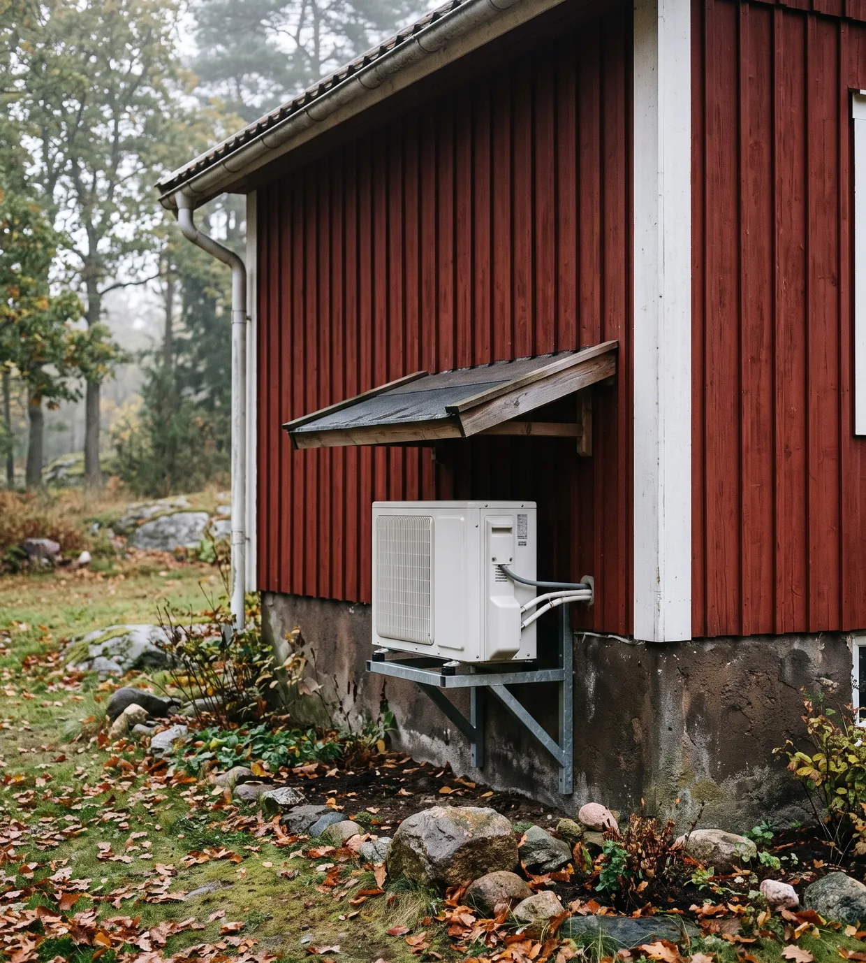 Luftvärmepumpens utedel på väggen till en röd villa i Blekinge