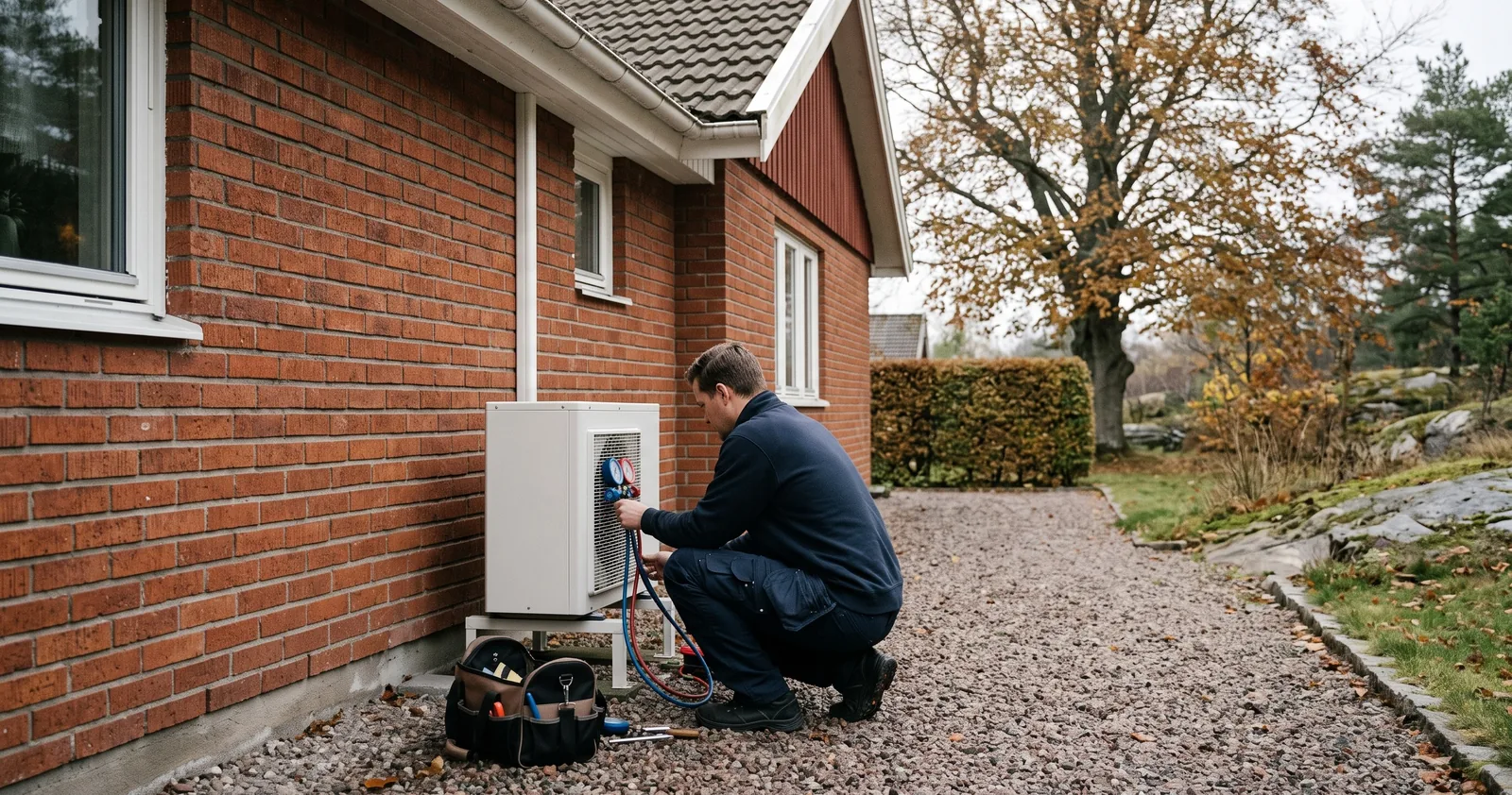 Servicetekniker kontrollerar en värmepumps utedel med mätinstrument