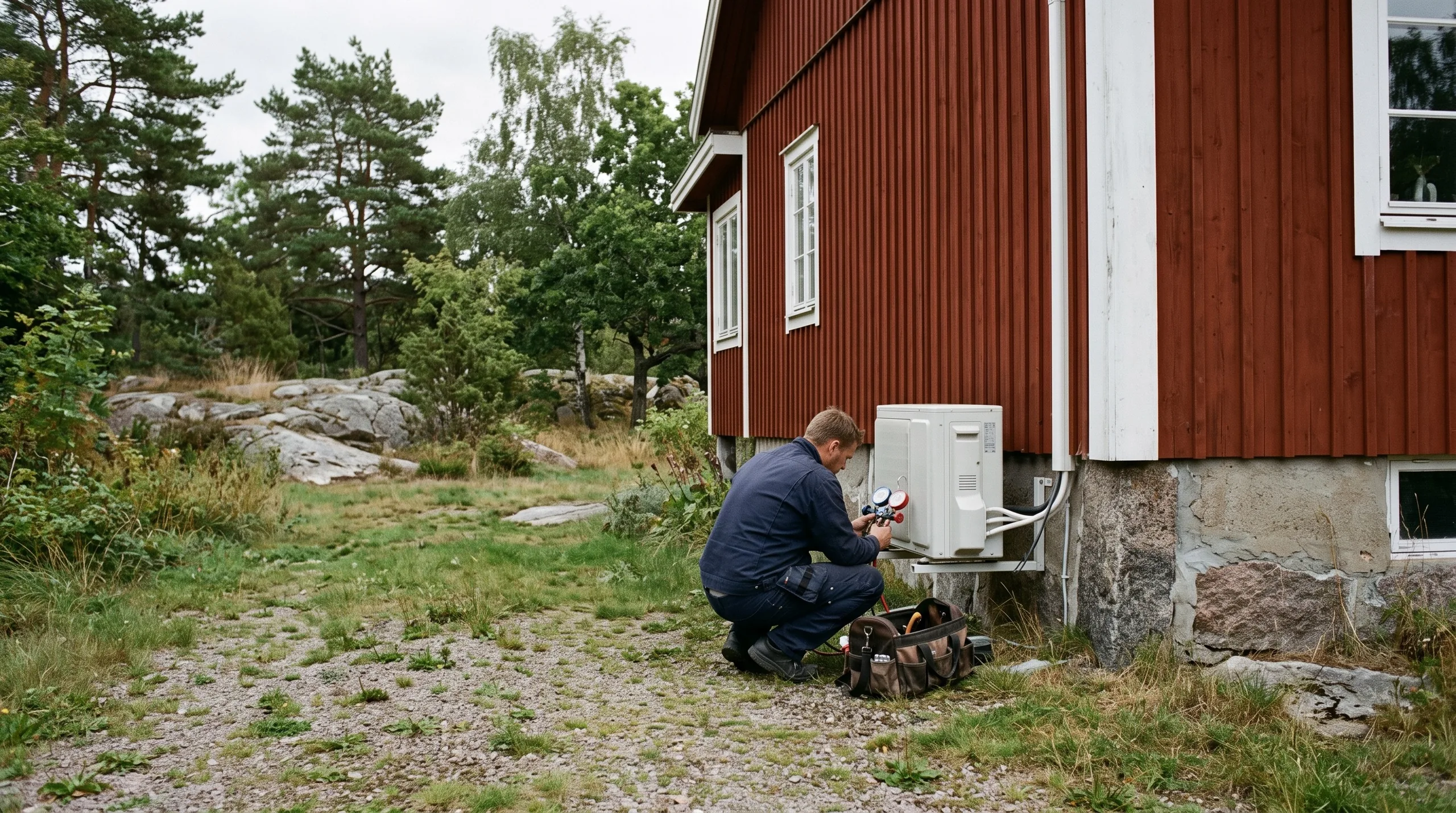 En installatör i mörkblå arbetskläder kontrollerar manometrarna vid en värmepumps utedel