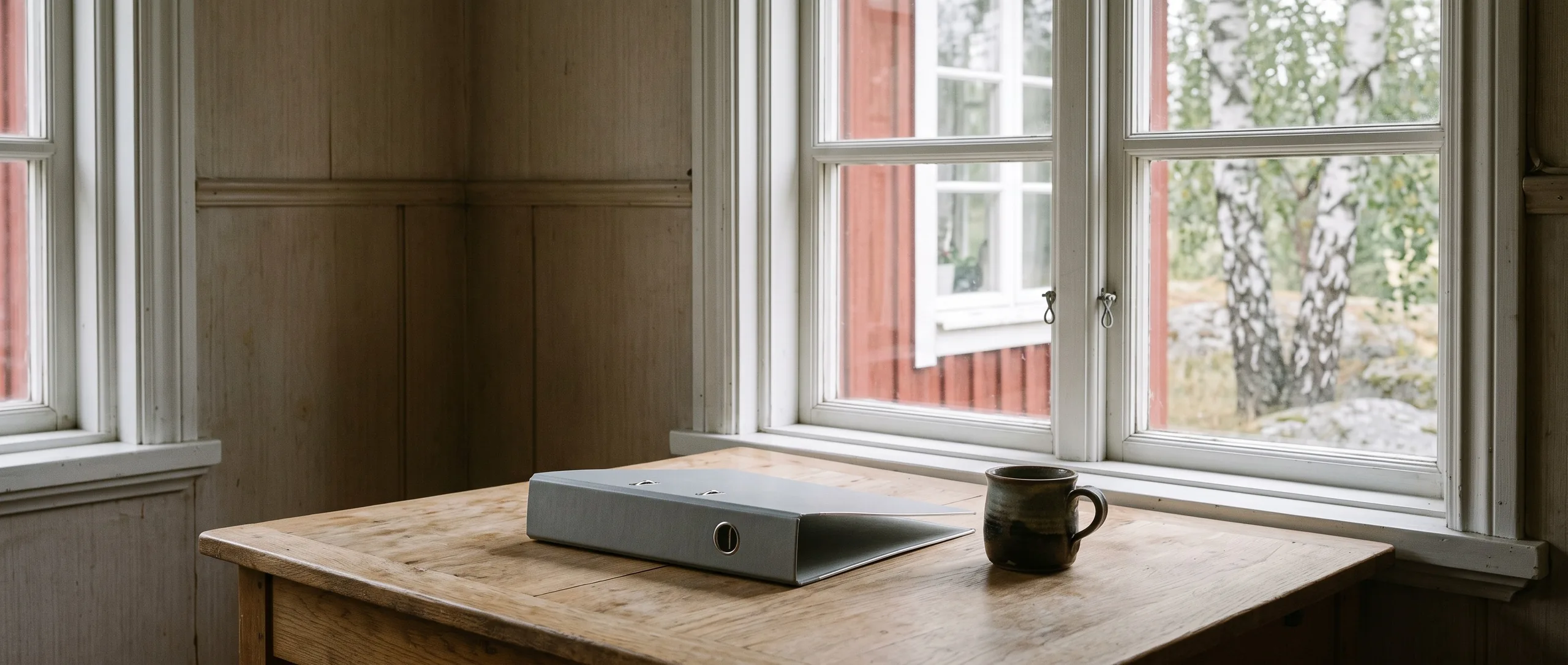 Ett köksbord vid fönstret i ett faluröd trähus med en grå pärm och en kaffekopp