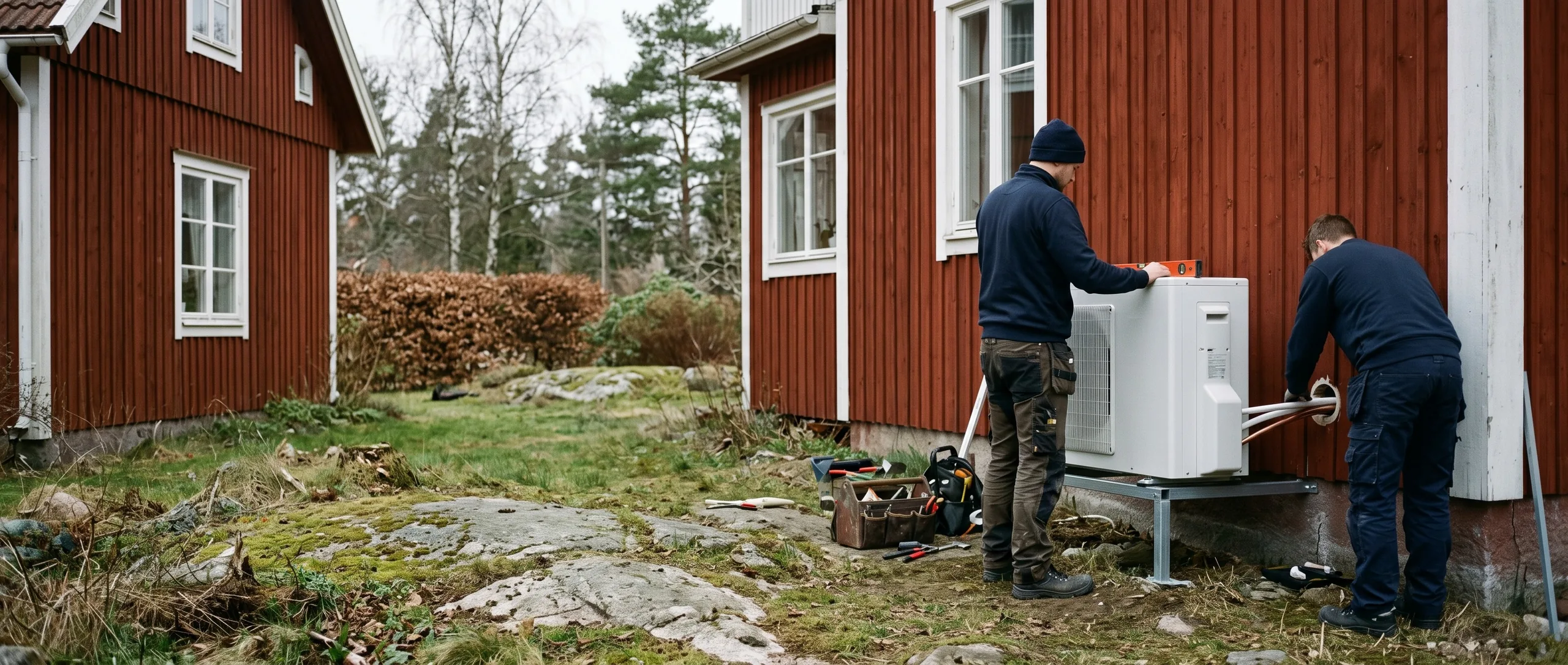 Två installatörer monterar en värmepumps utedel på fasaden till en röd villa