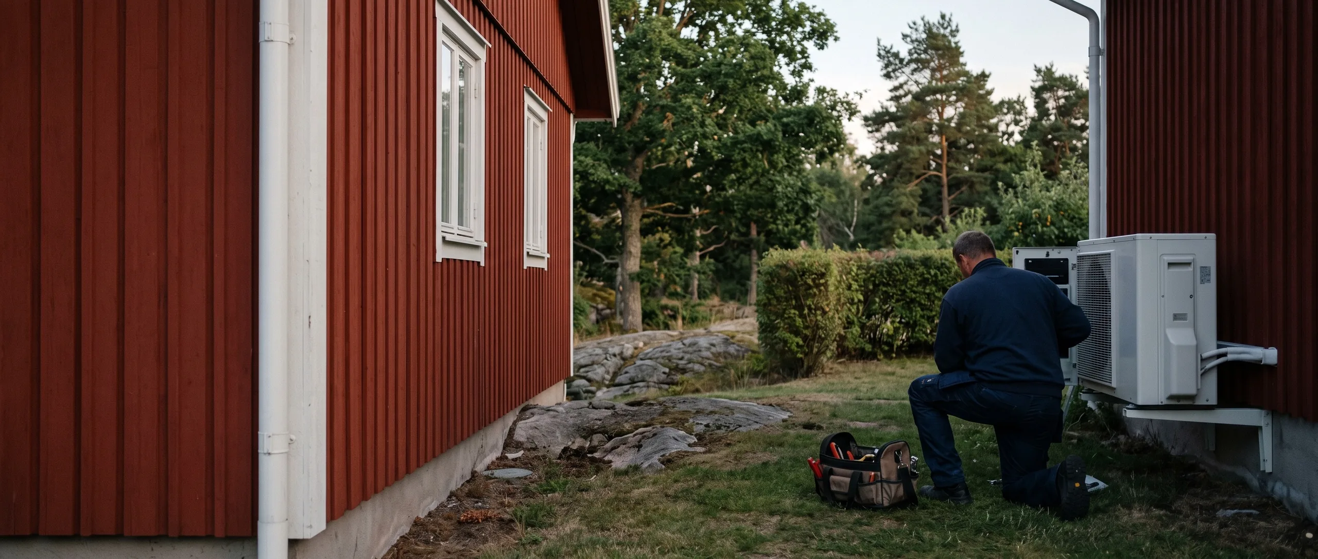 Servicetekniker öppnar serviceluckan på en värmepumps utedel vid en röd villa