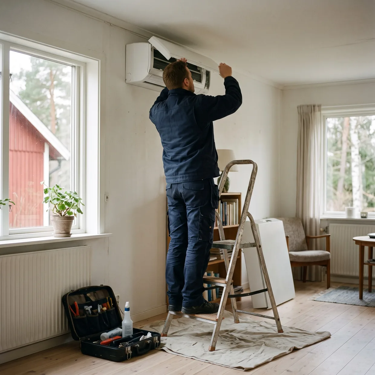 Servicetekniker lyfter av luckan på en värmepumps innedel i ett vardagsrum