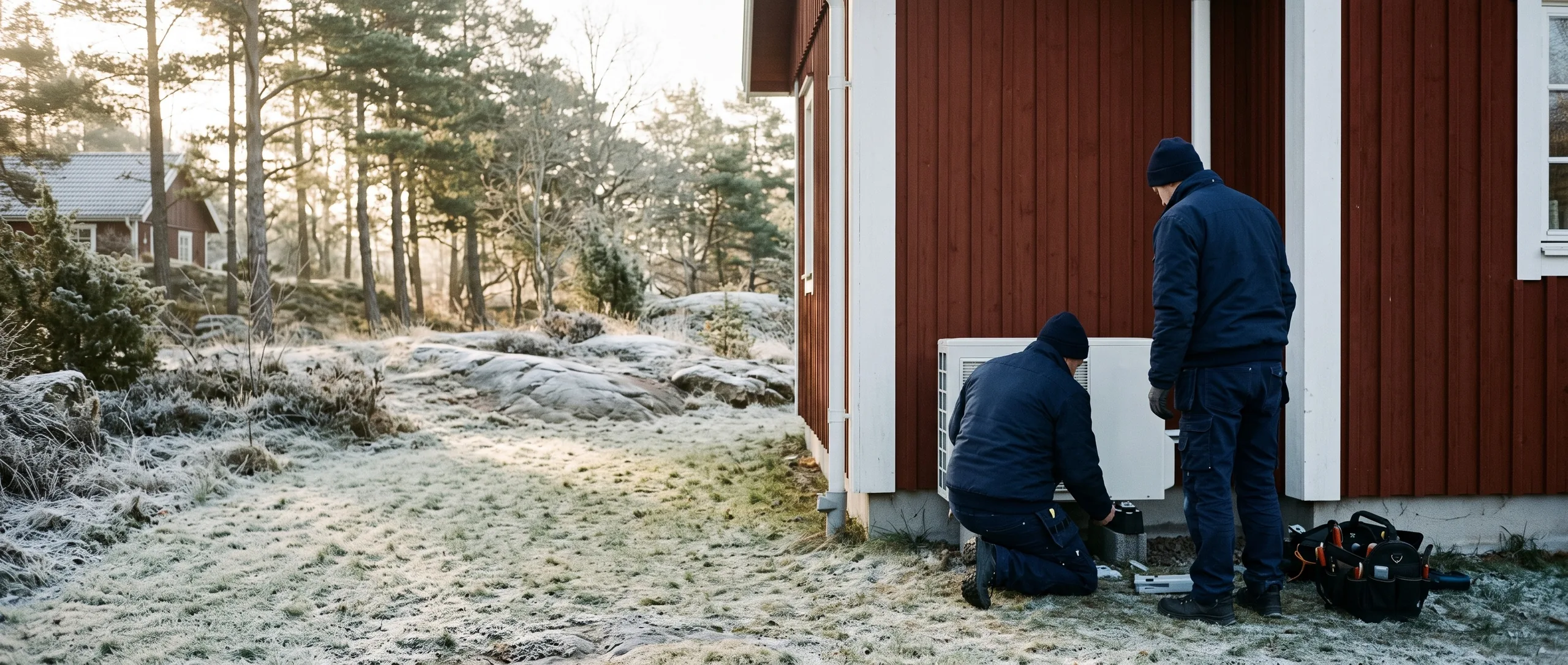 Två installatörer i mörkblå arbetskläder sedda bakifrån vid en faluröd villa med vit utedel en klar vintermorgon