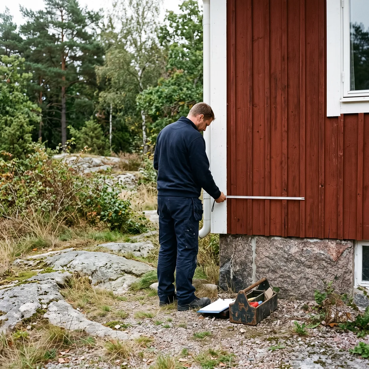 En installatör i mörkblå arbetskläder sedd från sidan mäter upp placeringen på en trävägg vid ett hembesök