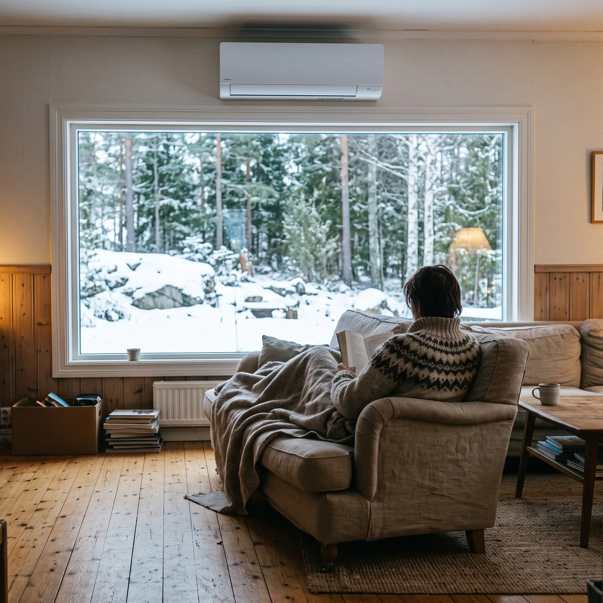 Värmepumpens innedel i ett varmt vardagsrum en snöig vinterdag